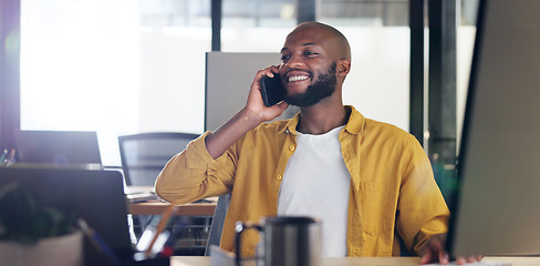 Image showing Communication, office and black man on a phone call with client for online meeting, planning and chat. Technology, networking and male entrepreneur talking, speaking and in conversation on smartphone