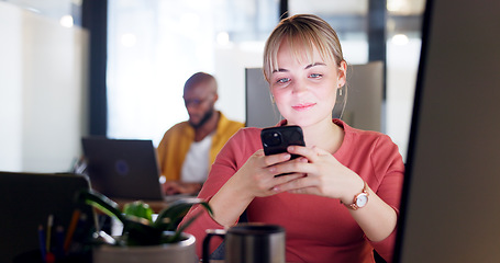 Image showing Computer, phone and business woman checking digital information, biometric and authentication in office. Woman, smartphone and online schedule, calendar and app for management, order and planning