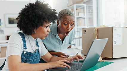 Image showing Surprised, shocked and excited women looking amazed and showing happy expression sitting in their office. Two black professional entrepreneurs celebrating and cheering their new ecommerce business st