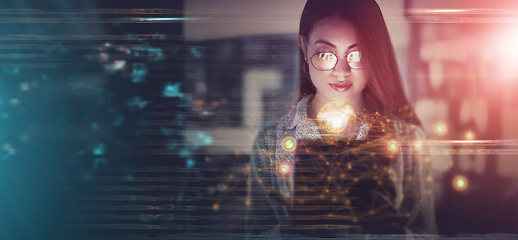 Image showing Overlay, hologram and cybersecurity with a business woman in a dark office working late at night on programming. Mockup, cloud computing and programming with a female developer at work on software