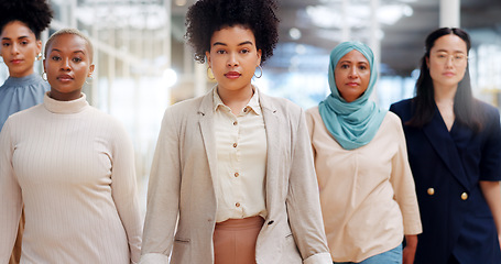 Image showing Collaboration, walking and a business woman team with a mindset of future growth and a mission of success. Teamwork, motivation and goals with a serious female employee group in the office at work