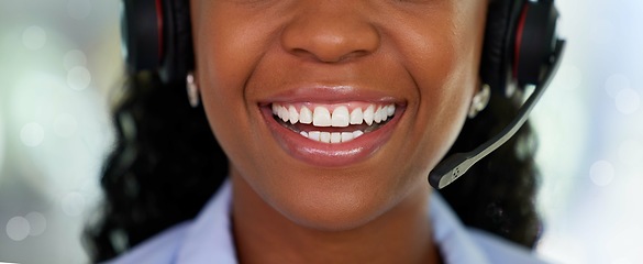 Image showing Mouth, black woman and call center for customer service, support and telemarketing in CRM office. Face of receptionist person with teeth smile for communication, consulting and contact us help desk