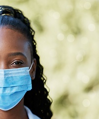 Image showing Covid, nurse and portrait at hospital with mask for compliance, safety and healthcare on bokeh mockup background. Face, corona and female health expert at clinic for help, goal and innovation outside