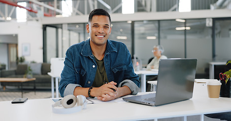 Image showing Laptop, office and face of businessman at desk working on computer for business proposal, report and project review. Success, leadership and portrait of entrepreneur online in corporate workplace