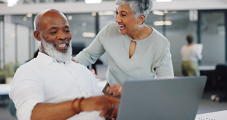 Image showing Success, celebration and black man on laptop with employee celebrating goals, target or achievement. Winner, victory and mature business people on computer celebrate winning on stock market in office