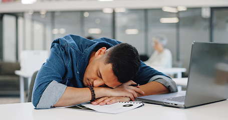 Image showing Businessman, yawning or desk sleeping in modern office, digital marketing startup or advertising branding company. Tired, fatigue or exhausted creative designer and laptop technology or bored burnout