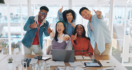 Image showing Collaboration, motivation and thumbs up with a business team in celebration of success together at work. Portrait, teamwork or diversity with a man and woman winner employee group celebrating victory