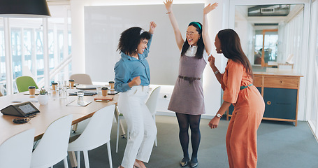 Image showing Teamwork, hands huddle and business people dance celebrating goals, targets or achievements. Team building, collaboration and happy group of friends or women dancing for success or victory in office.