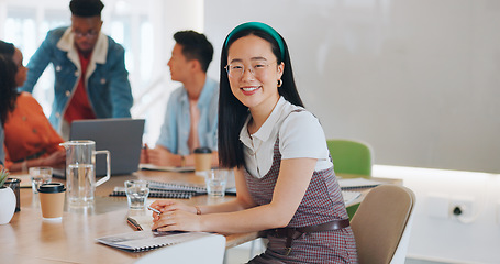 Image showing Face, business and Asian woman in meeting, thinking and happy with notes for startup company. Japan, ceo and creative leader with conversation, manager and leadership for planning, smile or workplace