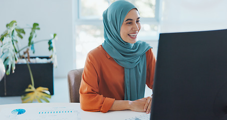 Image showing Corporate muslim woman, wave and video call with computer, smile and online communication in office. Islamic crm expert, pc and waves with happiness for meeting on app, internet and focus in Beirut