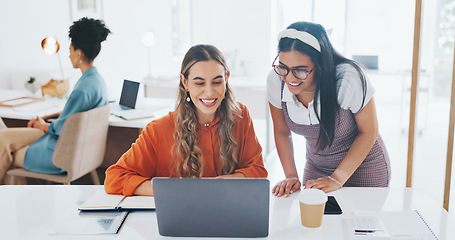 Image showing Success, fist bump or happy employees with a handshake in celebration of digital marketing sales goals at office desk. Laptop, winner or excited women celebrate winning an online business deal at job