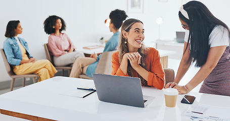 Image showing Success, fist bump or happy employees with a handshake in celebration of digital marketing sales goals at office desk. Laptop, winner or excited women celebrate winning an online business deal at job