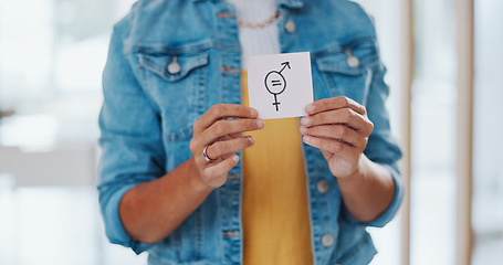 Image showing Gender equality, pay gap and woman with a sign in the office with a female and male symbol. Business, equity and girl employee with a feminism card in protest for equal salary, opportunity and equity