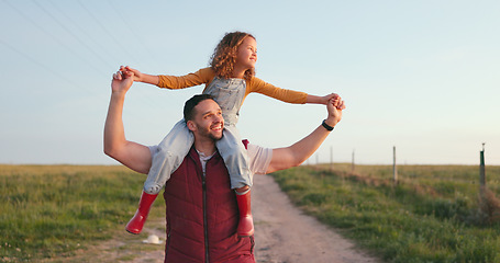 Image showing Happy family, father and child walking on a farm on a relaxed, calm and peaceful holiday vacation outdoors. Smile, happiness and young girl enjoys bonding and love having fun with dad in nature field