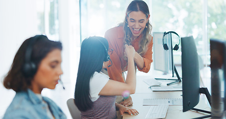 Image showing Business, women and celebration with handshake, manager and sales agency in modern office. Females, agents and supervisor with employee, consultant success and target achievement, goal and consulting