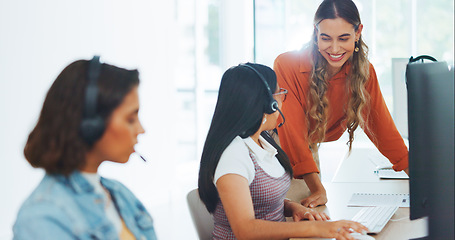 Image showing Business, women and celebration with handshake, manager and sales agency in modern office. Females, agents and supervisor with employee, consultant success and target achievement, goal and consulting