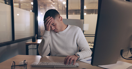 Image showing Business, stress and man with computer at night, office and headache. Startup, male entrepreneur and leader overworked in the dark, mental health and burnout for online schedule, planning or employee