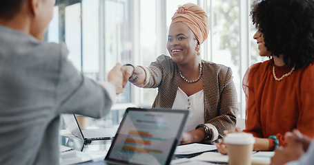 Image showing Success, meeting or man shaking hands with a happy employee after job promotion or sales goals. Applause, winner or excited business people in celebration with praise for a bonus winning worker