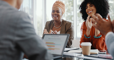 Image showing Business people, meeting and applause for promotion, contract or partnership for black woman in office. Group, management team or congratulations handshake in workplace for success, goal or career