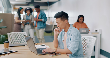 Image showing Thinking businessman, laptop or phone in coworking office for digital marketing innovation, strategy planning or lead generation ideas. Happy smile, creative designer or technology with growth goals