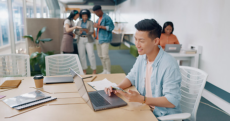 Image showing Thinking businessman, laptop or phone in coworking office for digital marketing innovation, strategy planning or lead generation ideas. Happy smile, creative designer or technology with growth goals