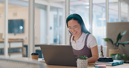 Image showing Asian executive, woman and video call with wave, smile and communication with laptop app, internet or web. Corporate leader, digital contact and video conference on computer for business consulting