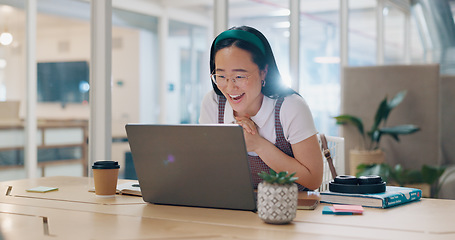 Image showing Asian woman, laptop and celebration fist for company success, creativity goals and happiness in office. Digital marketing achievement, happy or excited employee celebrate for corporate target winner.