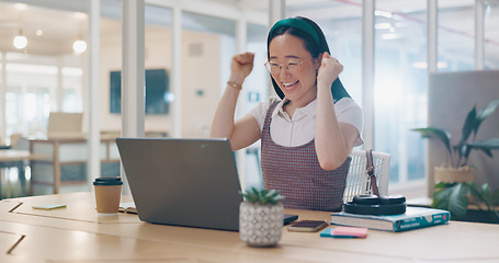 Image showing Asian woman, laptop and celebration fist for company success, creativity goals and happiness in office. Digital marketing achievement, happy or excited employee celebrate for corporate target winner.