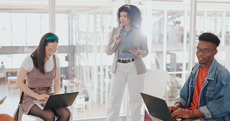 Image showing Business woman, mentor or tablet in team meeting in digital marketing office, advertising company or branding startup. Smile, happy or talking manager in workshop training or technology collaboration