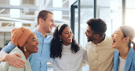 Image showing Office, diversity and business people hug for team building, teamwork and collaboration. Happy workers, smile and embrace in motivation, goals or vision of about us, company trust and startup growth