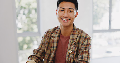 Image showing Asian business man, face and computer planning for digital marketing research, data analytics or creative strategy in advertising agency. Portrait of happy Japanese employee working on office desktop