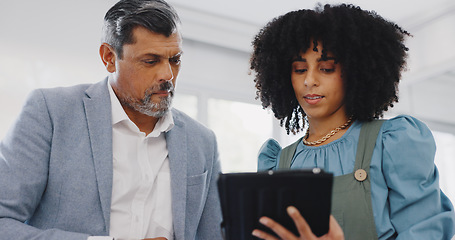 Image showing Corporate black woman, businessman or tablet for planning, schedule or analytics in office for teamwork. Woman, senior man and digital tech for social media marketing, strategy or focus in New York