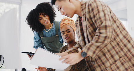 Image showing Business people, black woman and leadership with documents, folder and communication, collaboration and advice with tablet. Technology, paperwork and team with diversity in corporate office and pc.