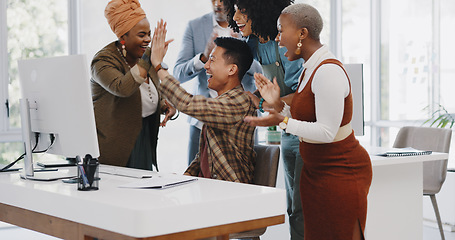 Image showing Wow, winner or excited employee with success or high five in celebration of digital marketing sales growth. Kpi goals, bonus or happy Japanese man smiles with pride for deal or job promotion news