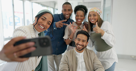 Image showing Selfie, office and group of people portrait for social media post, online networking update and happy diversity. Workplace culture, smile and thumbs up or peace sign of employees in profile picture