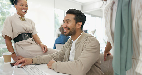 Image showing Teamwork, computer and coaching with business people in office for strategy, project management and idea. Diversity, learning and collaboration with group of employee in startup for leadership goals