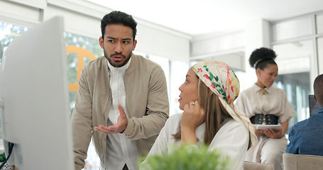 Image showing Business people, mentor and coaching employee on computer for training, learning or idea by office desk. Businessman, coach or manager talking to colleague in planning, ideas or meeting at workplace