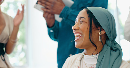 Image showing Success, applause and woman with feedback in office at startup business with proud team. Congratulations, cheering and support for winner target achievement with employees clapping hands at desk.