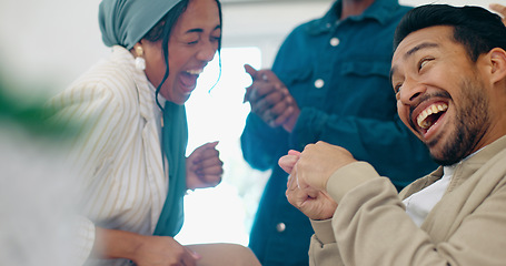 Image showing Businessman, dancing or success clapping for company growth, sales deal or teamwork salary bonus. Smile, happy or worker dance with diversity people in celebration, winner or victory office applause