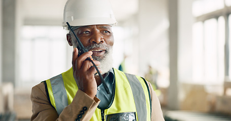 Image showing Senior engineer, walkie talkie and black man at construction site talking, speaking or working. Communication, radio tech and elderly architect from Nigeria in discussion or chat on building project