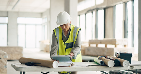 Image showing Construction woman, tablet or architect blueprint with engineer planning, documents or research on web for innovation idea. Design, engineering or tech for creative strategy in construction site