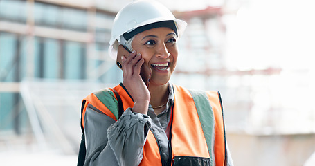 Image showing Construction site, contractor and happy woman developer phone call planning for logistics, industrial engineering and city project management. Laughing mature architect manager talking on smartphone