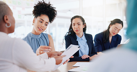 Image showing Laptop, documents and teamwork of business people in meeting. Planning, collaboration and group of women with computer and paperwork discussing sales, advertising or marketing strategy in office.