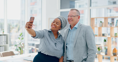 Image showing Corporate selfie, partnership and business people with a phone for communication, social media and mobile app. Smile, diversity collaboration and work friends with a mobile photo for the web