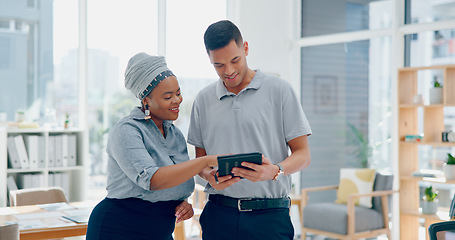 Image showing Collaboration, teamwork and business people on tablet in office while working on project. Planning, tech and male employee helping female with marketing research on digital touchscreen in workplace.