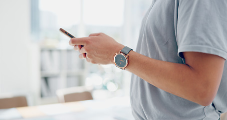 Image showing Hands, phone and chat app in office for communication, social media or email for internet businessman. Man, smartphone and hands in modern office on social network for digital marketing in New York