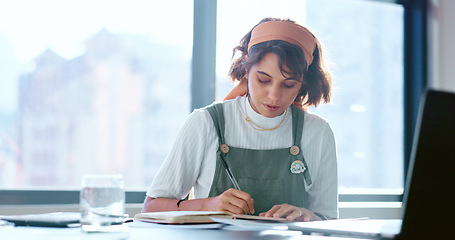 Image showing Laptop, planning or business woman writing in notebook for creative research, marketing SEO or advertising growth. Thinking, startup or employee in office for strategy review, search or blog content