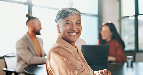 Image showing Happy woman, portrait and business meeting with team, management and staff in office for workshop, partnership and startup success. Smile, motivation and mature manager in collaboration with workers