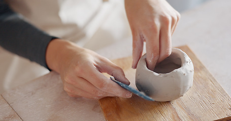 Image showing Zoom of creative clay pottery hands with ceramic mold workshop for art, sculpting or manufacturing design class. Learning, startup or working with ceramics or hand craft in studio or small business