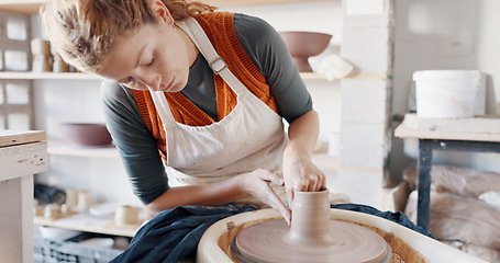 Image showing Pottery wheel, woman and sculpture in artist studio, workshop and small business of creative product, craft and manufacturing. Ceramic designer, clay artisan and expert mold form for handmade process